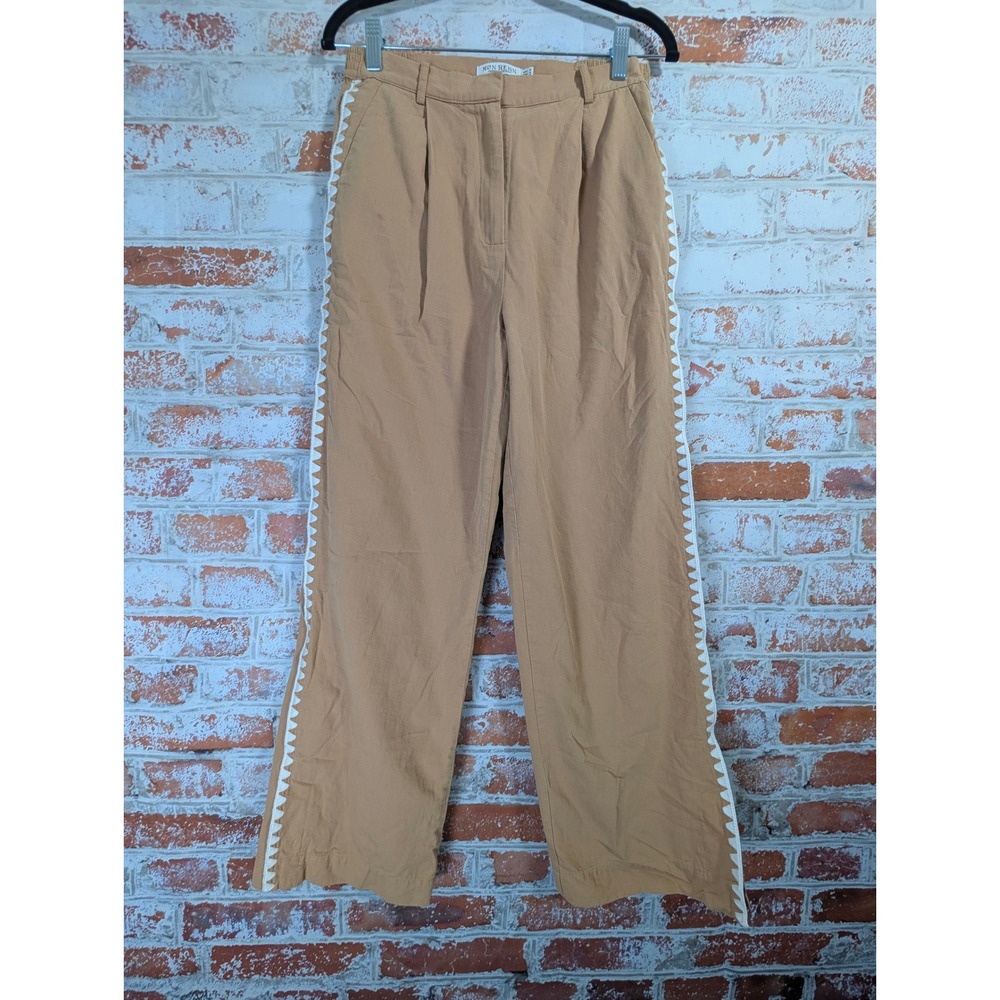 Mon Renn Wide Leg Pants Women Medium Tan Ric Rac Trim High Waist Pleated Cotton
